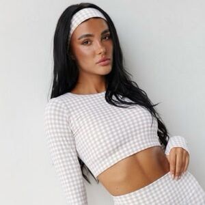 Astoria Activewear LUXE BALANCE Long Sleeved Crop, Short, Headband Set Gingham